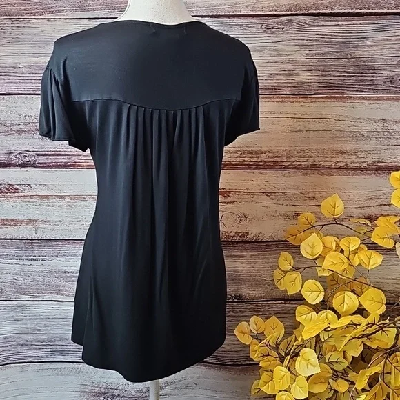 MICHAEL MICHAEL KORS BLACK PLEATED SHORT FLUTTER SLEEVE PULLOVER TOP - Picture 5 of 9